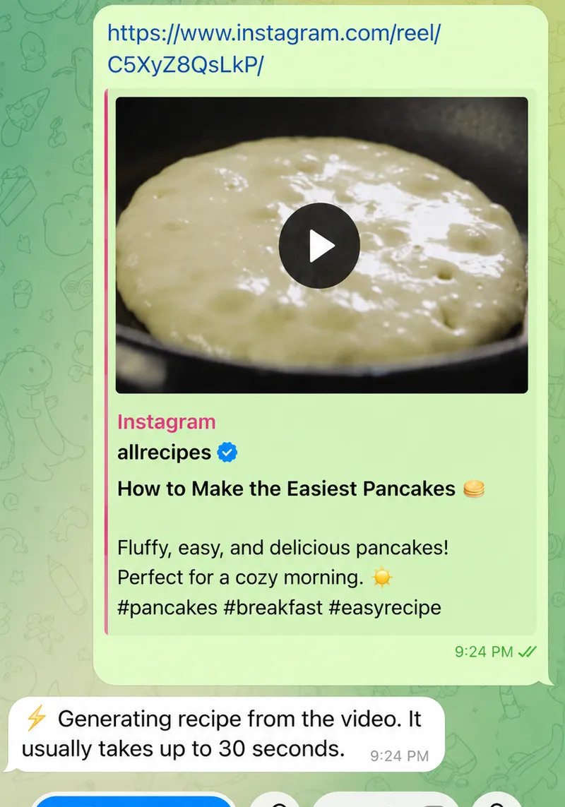 Sending a Instagram Reel link to the Link2Eat bot in Telegram