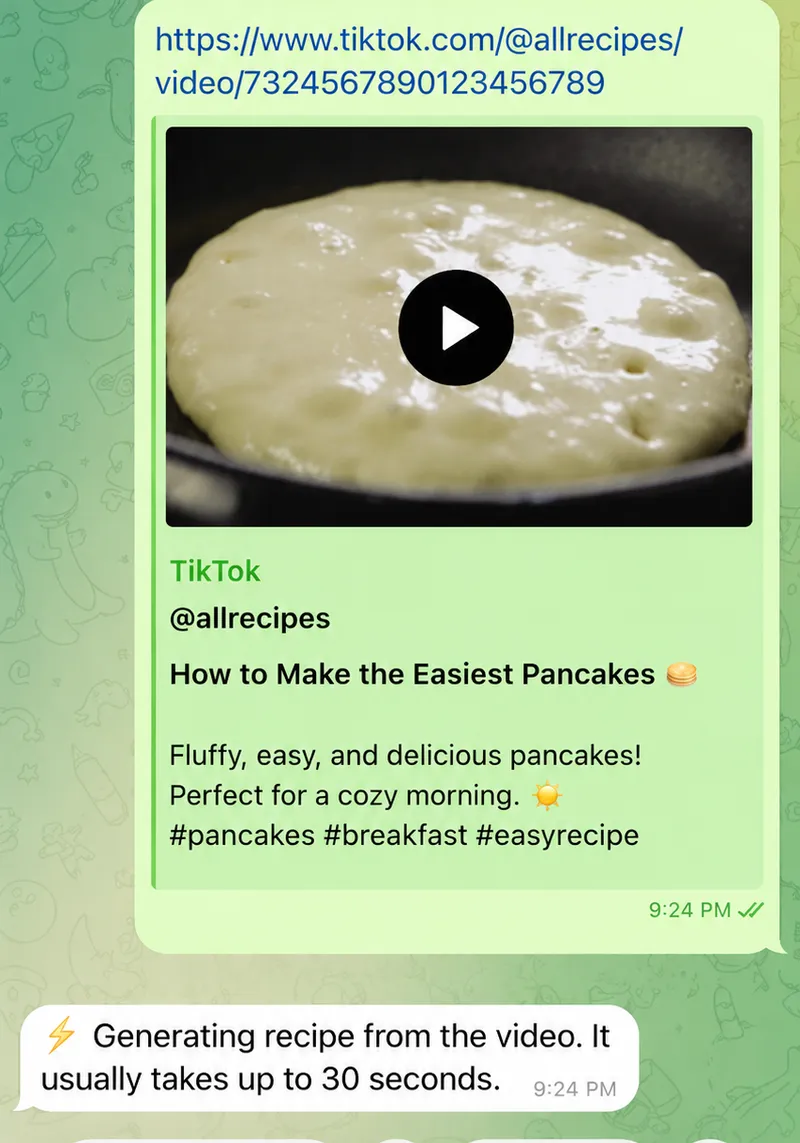 Sending a TikTok link to the Link2Eat bot in Telegram