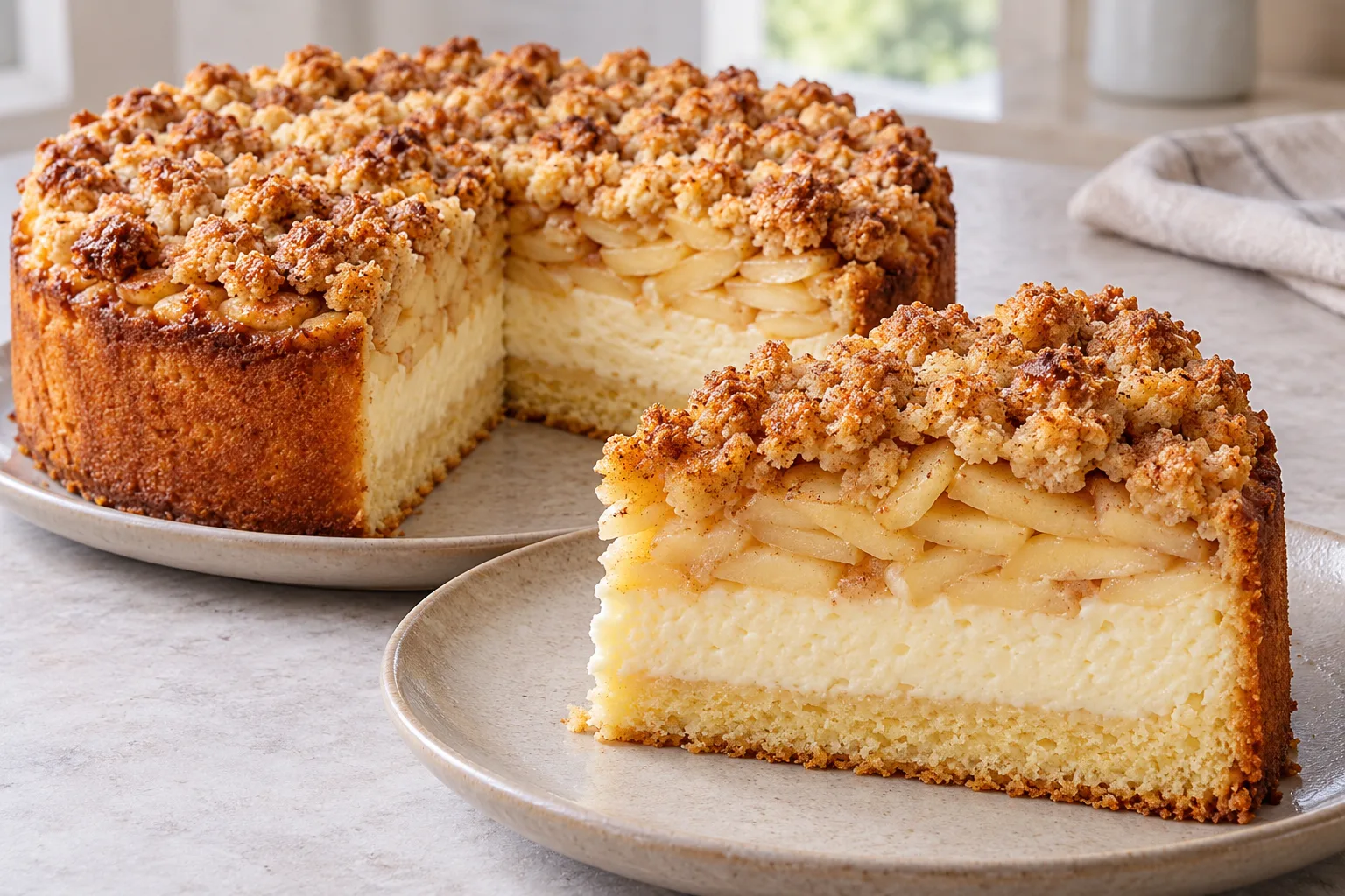 Ein Stück Apfel-Quark-Kuchen mit Rührteig, heller Quarkcreme, Apfelscheiben und goldbraunen Zimtstreuseln