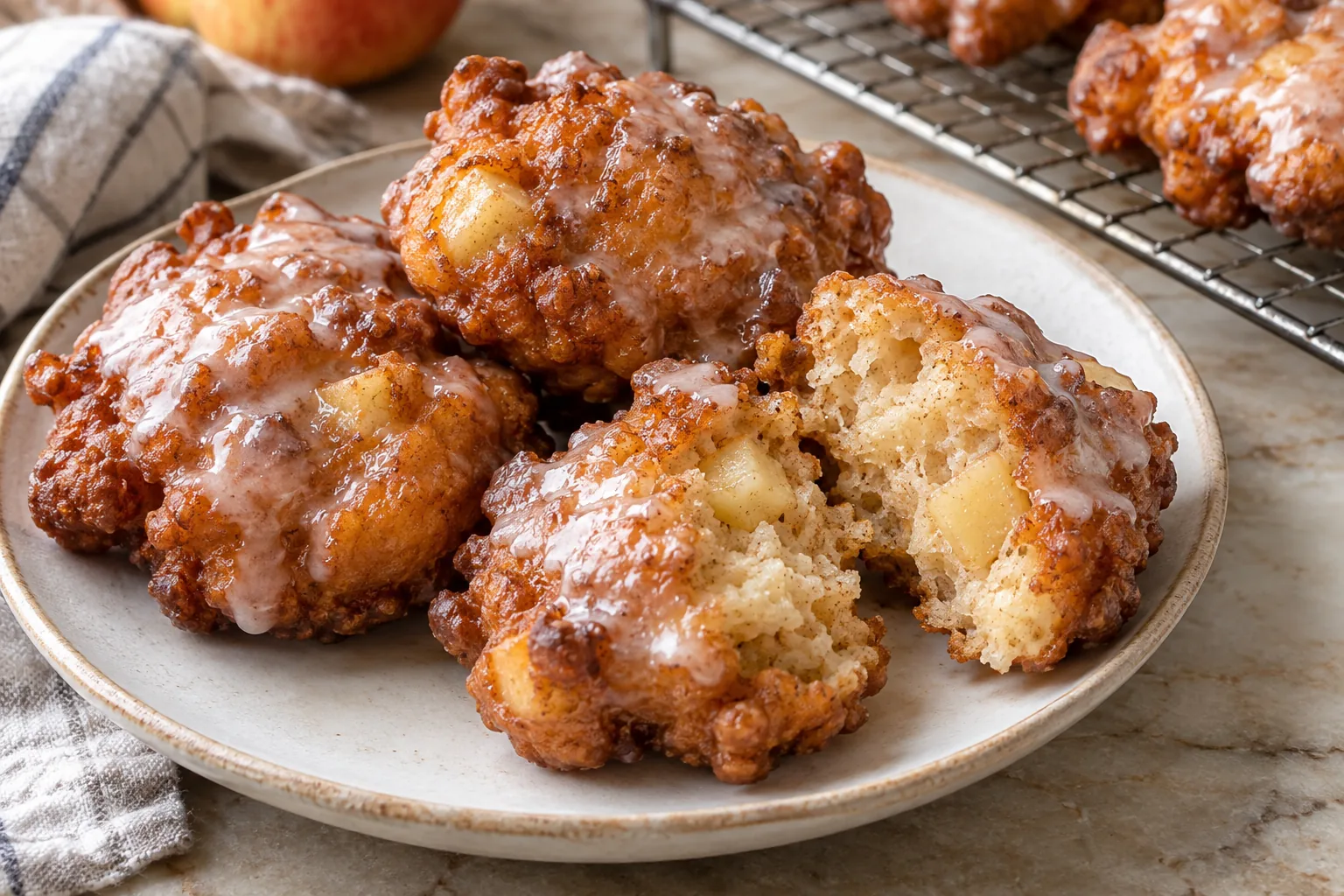 Golden apple cinnamon fritters with a thin white glaze, one broken open to show diced apple and fluffy crumb