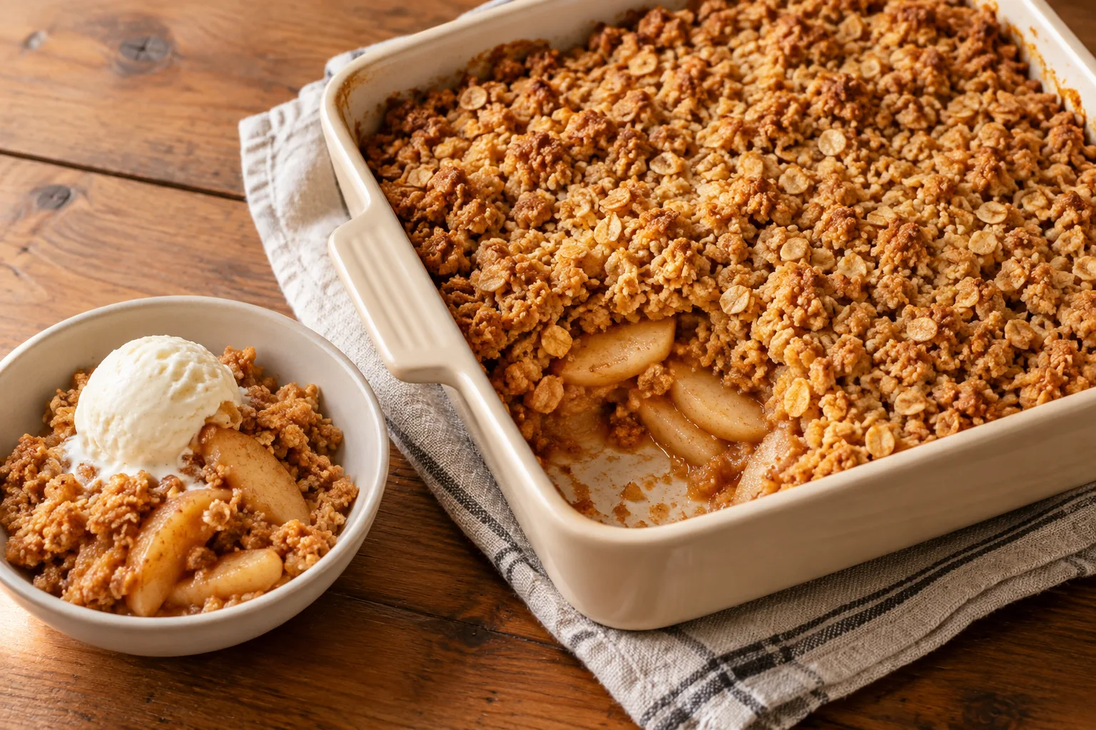 Golden oat crumble over baked apple slices in a square dish, with a serving and vanilla ice cream alongside