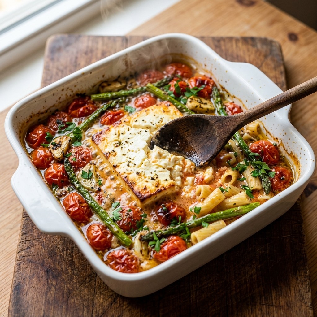 Baked feta pasta in a white dish with a softened feta block, burst cherry tomatoes, and roasted asparagus