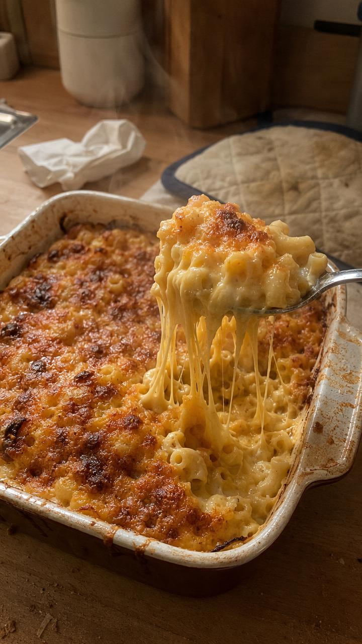 Homemade baked mac and cheese with a browned top and long strands of melted cheese