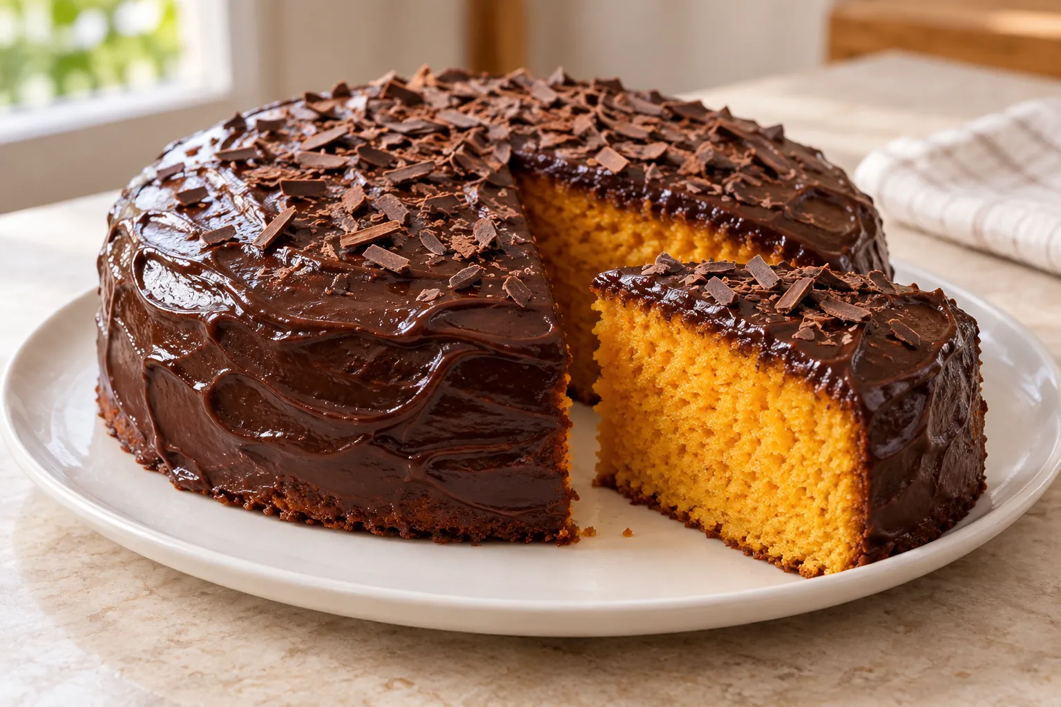 Bolo de cenoura com cobertura cremosa de brigadeiro e raspas de chocolate, com uma fatia cortada
