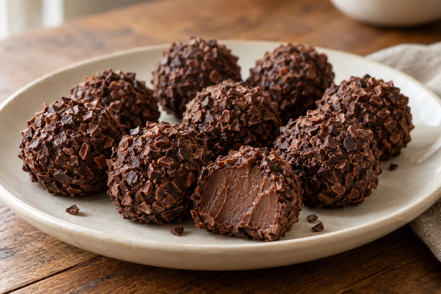 Brigadeiros de chocolate cobertos com nibs de cacau em um prato de cerâmica clara