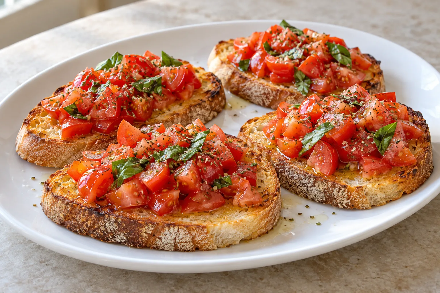 Quattro bruschette di pane tostato con pomodorini a cubetti, basilico e origano