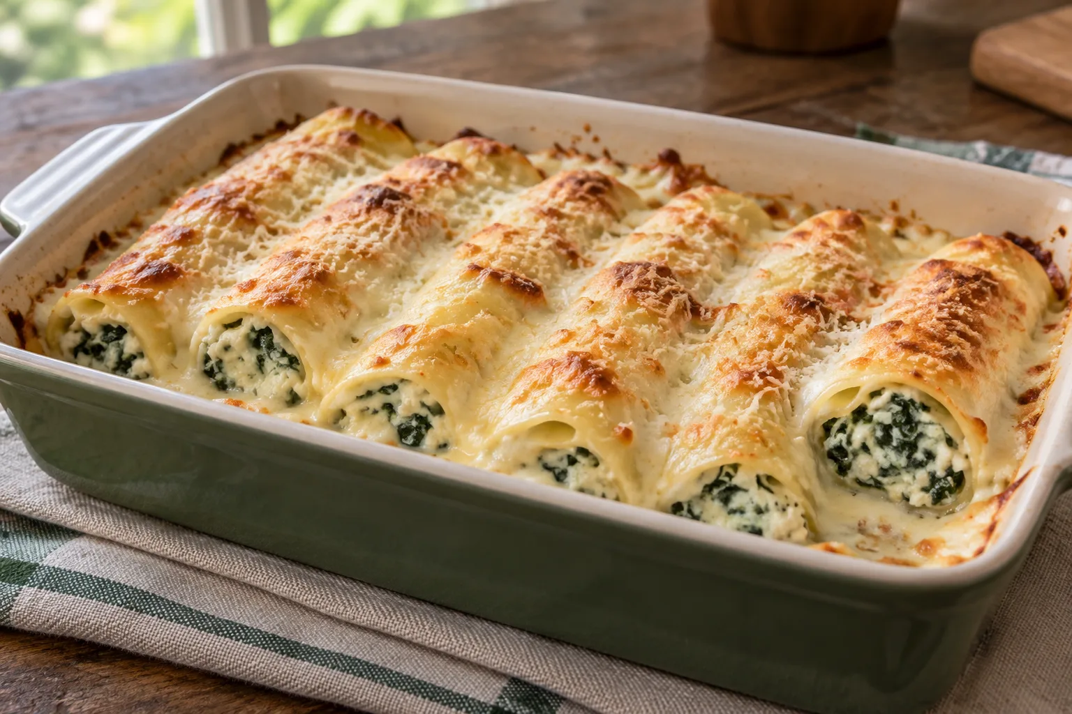 Cannelloni di pasta fresca ripieni di ricotta e spinaci sotto besciamella gratinata