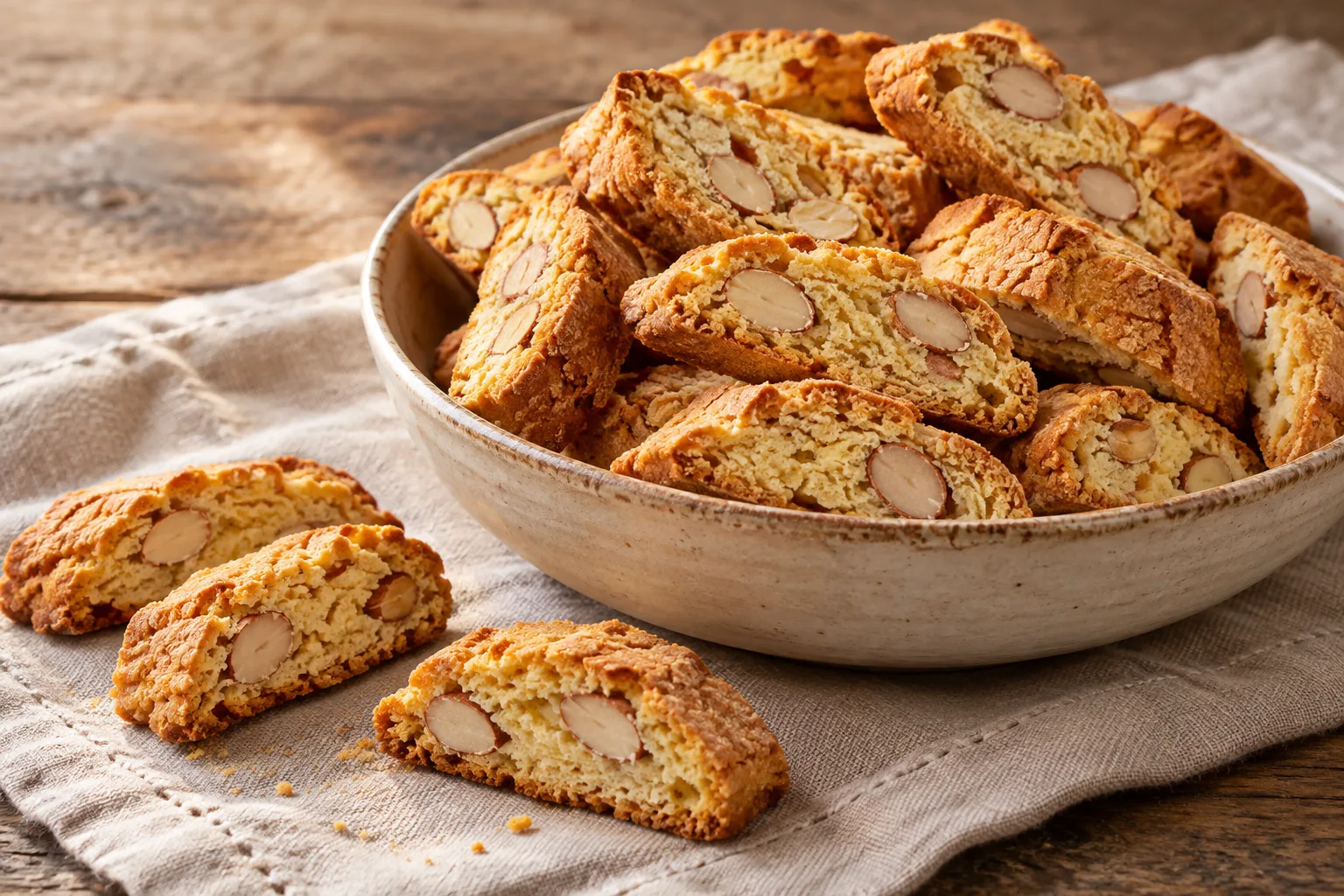 Cantucci dorati con mandorle intere visibili nel taglio su un piatto