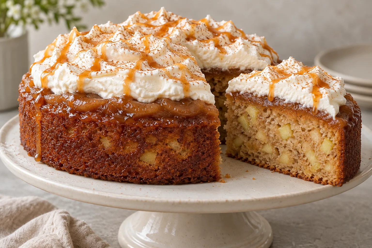 Caramel apple cake with diced apples in the crumb, apple butter and a mound of whipped cream drizzled with caramel