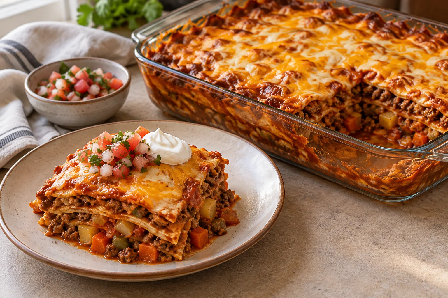 Beef enchilada casserole with red chile sauce and melted cheese, served with pico de gallo and sour cream