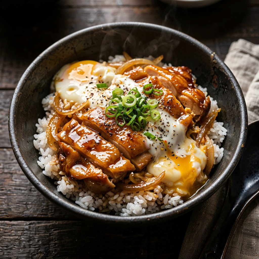 Glazed soy chicken and a soft egg over steamed rice in a dark bowl