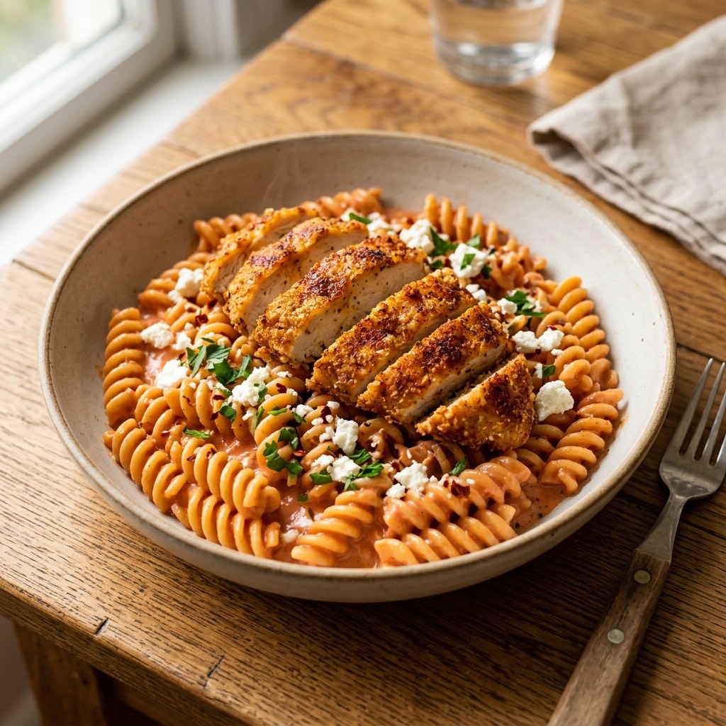 Creamy tomato pasta topped with crispy spiced chicken slices, crumbled feta, and chopped parsley