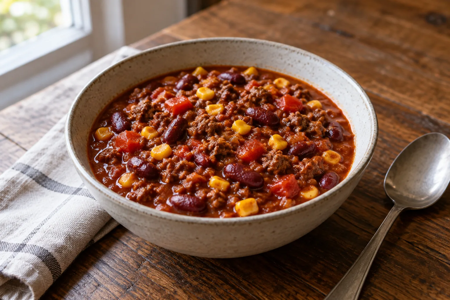 Chili con Carne mit Rinderhack, Bohnen und Paprika in einer Schale