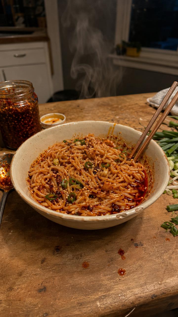 Glossy chili oil noodles with garlic, cilantro and red chili flakes in a ceramic bowl