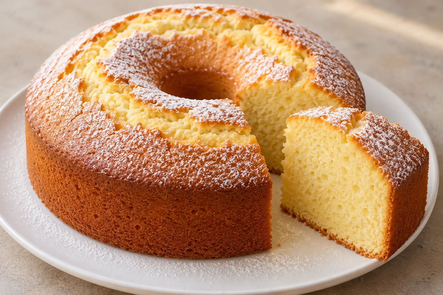 Ciambellone alto e dorato al limone con zucchero a velo e una fetta tagliata