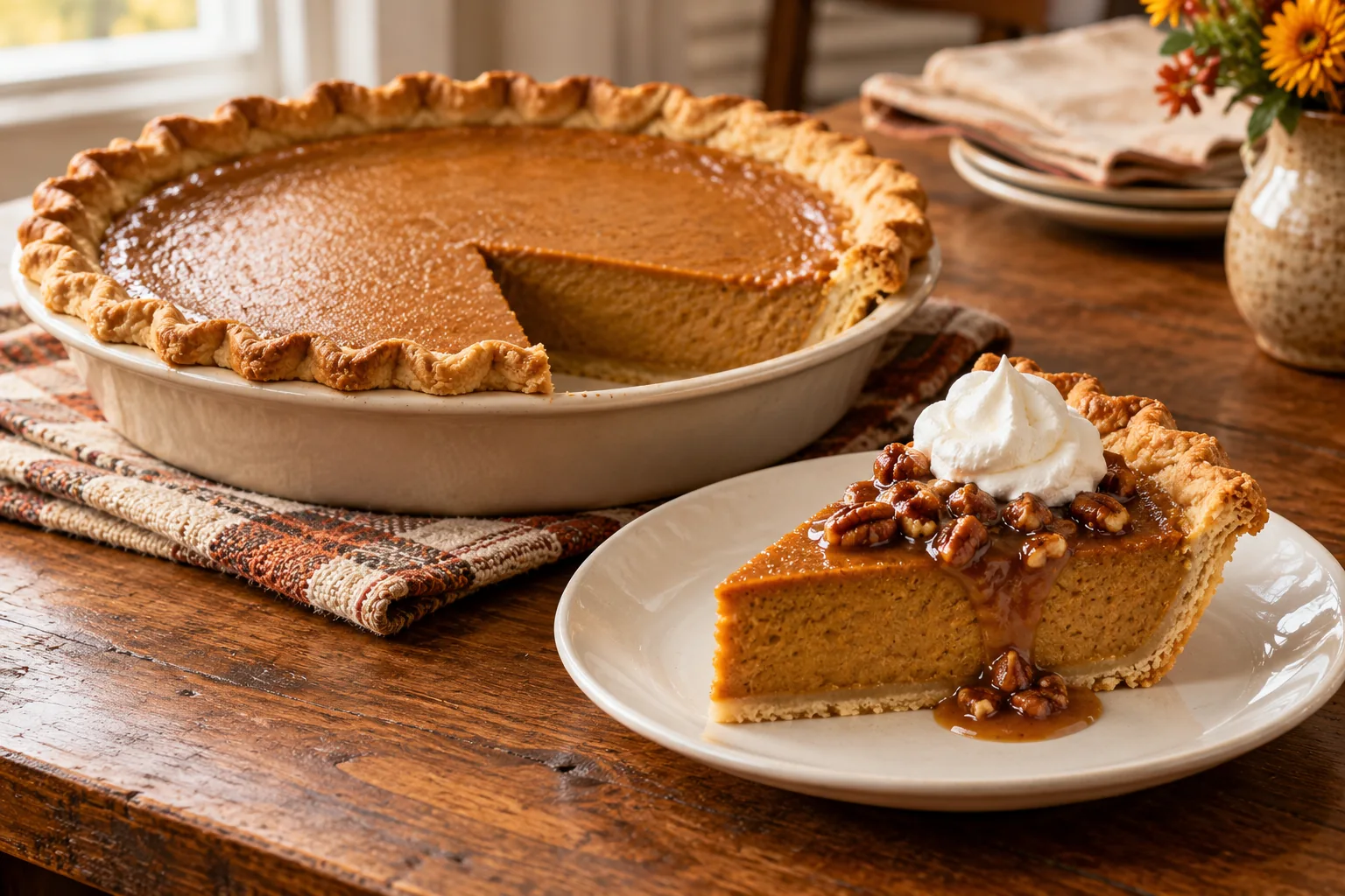 A slice of pumpkin custard pie topped with caramel pecans and whipped cream, beside a golden pastry pie