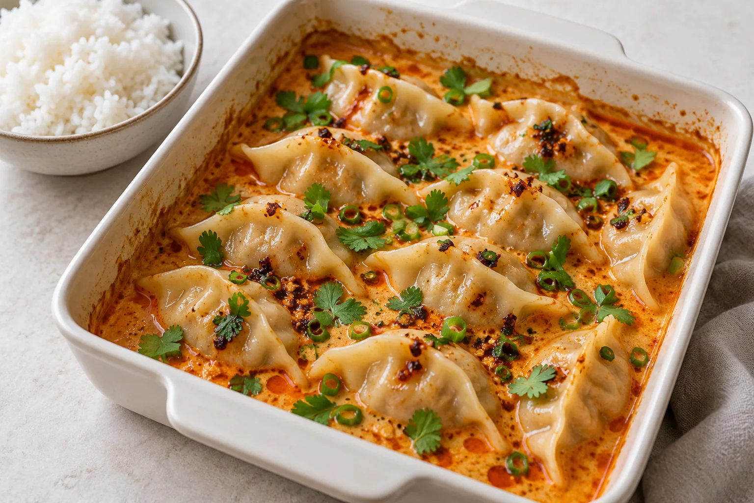 Gyoza dumplings in creamy coconut curry sauce with green onion, cilantro and chili crisp, served beside white rice