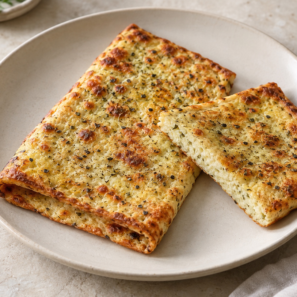 Golden cottage cheese flatbread folded on a ceramic plate with a cut piece showing the tender center