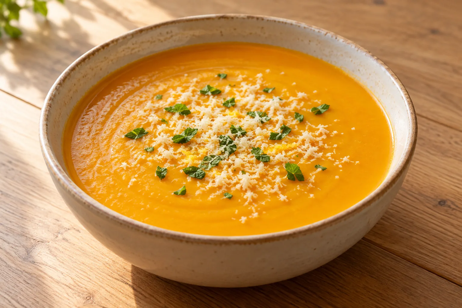 Crema de calabaza y patata con queso tierno rallado y menta picada