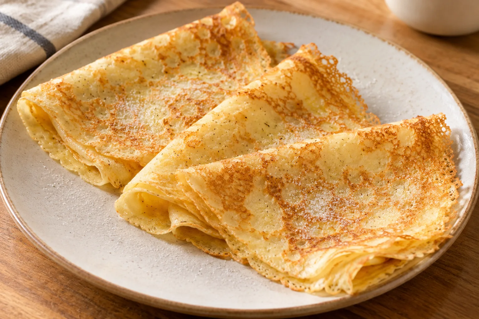 Crêpes fines dorées à la vanille, pliées dans une assiette avec un peu de sucre