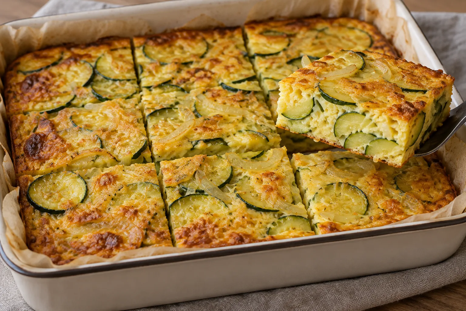 Frittata al forno con zucchine e cipolle tagliata a quadrotti nella teglia