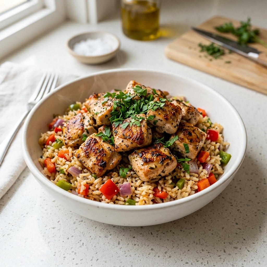 Garlic herb chicken rice bowl with cubed seared chicken over rice studded with peppers and onion, topped with parsley