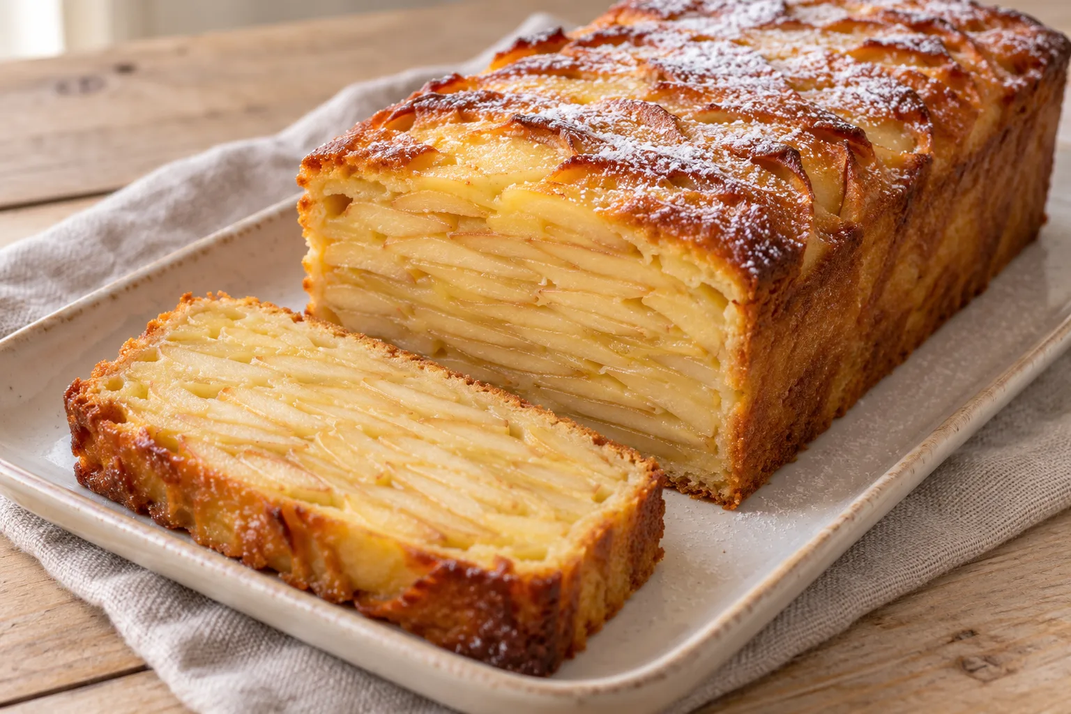 Une tranche de gâteau invisible montrant de fines couches de pommes, avec du sucre glace