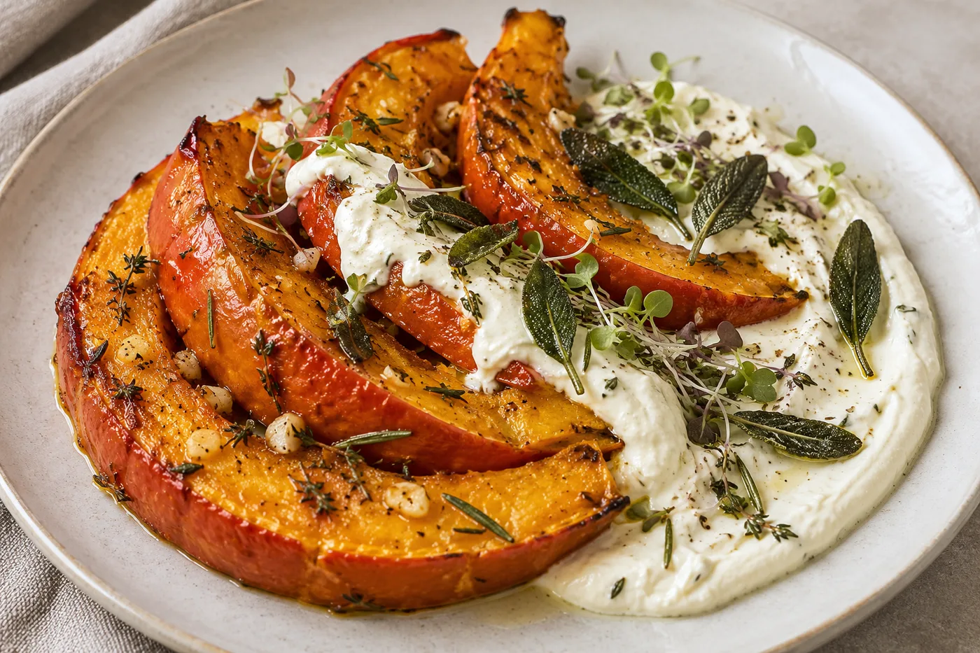 Gebackene Hokkaido-Scheiben mit Feta-Creme, Salbeiblättern und frischen Sprossen auf einem hellen Teller