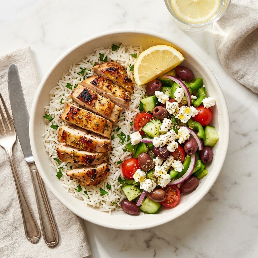 Overhead Greek chicken and rice bowl with golden sliced chicken, a cucumber and tomato salad, olives, and crumbled feta