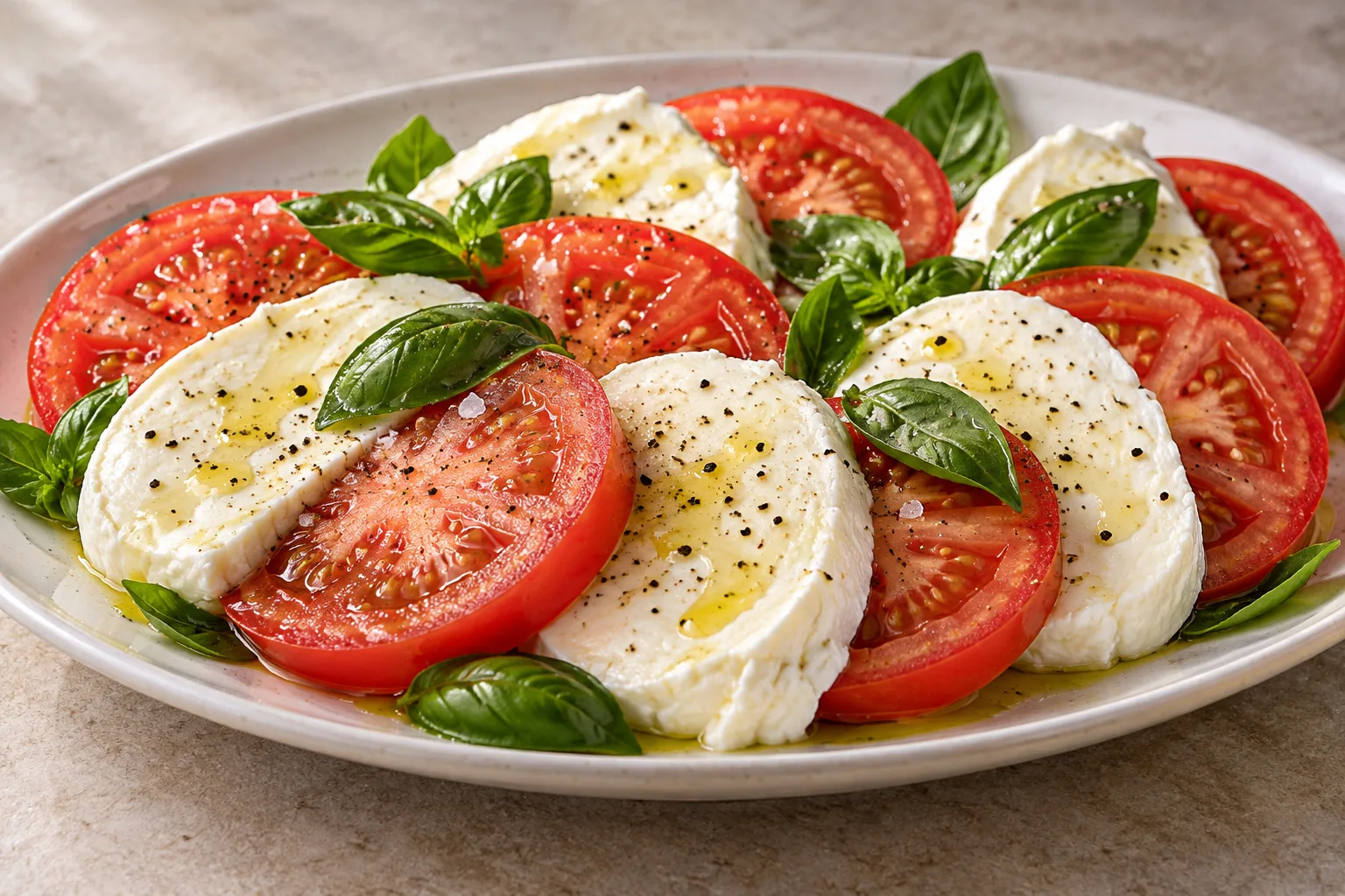 Fette di pomodoro e mozzarella di bufala con basilico e un filo d’olio