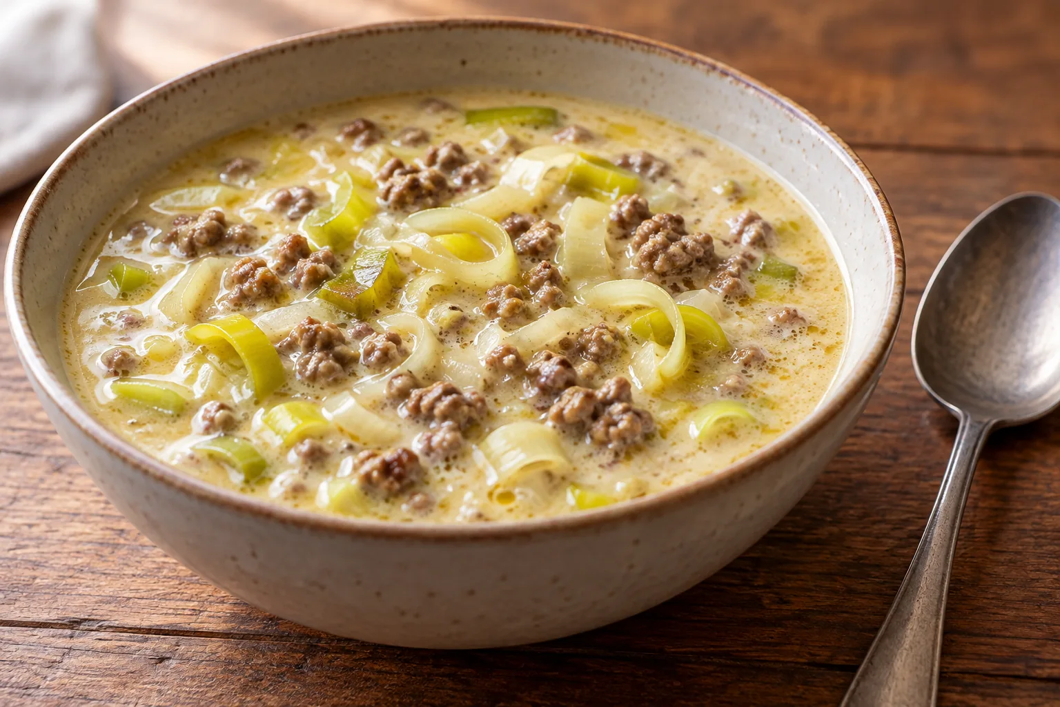 Cremige Käse-Lauch-Suppe mit Hackfleisch in einer Schale
