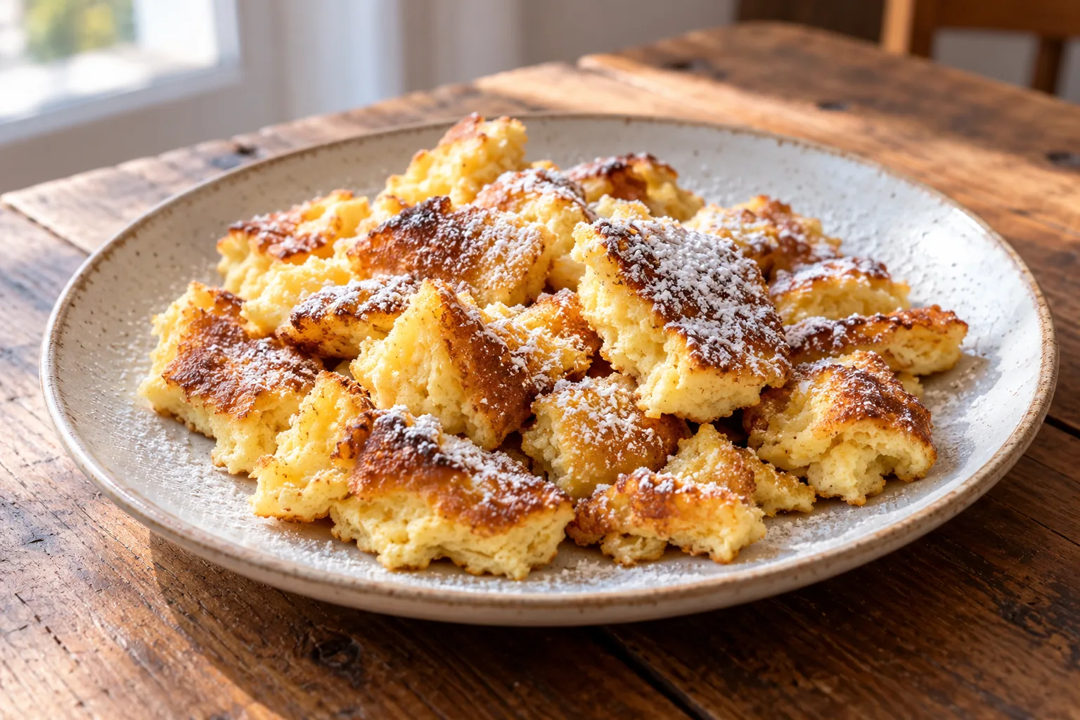 Goldbrauner Kaiserschmarrn mit Puderzucker auf einem Teller
