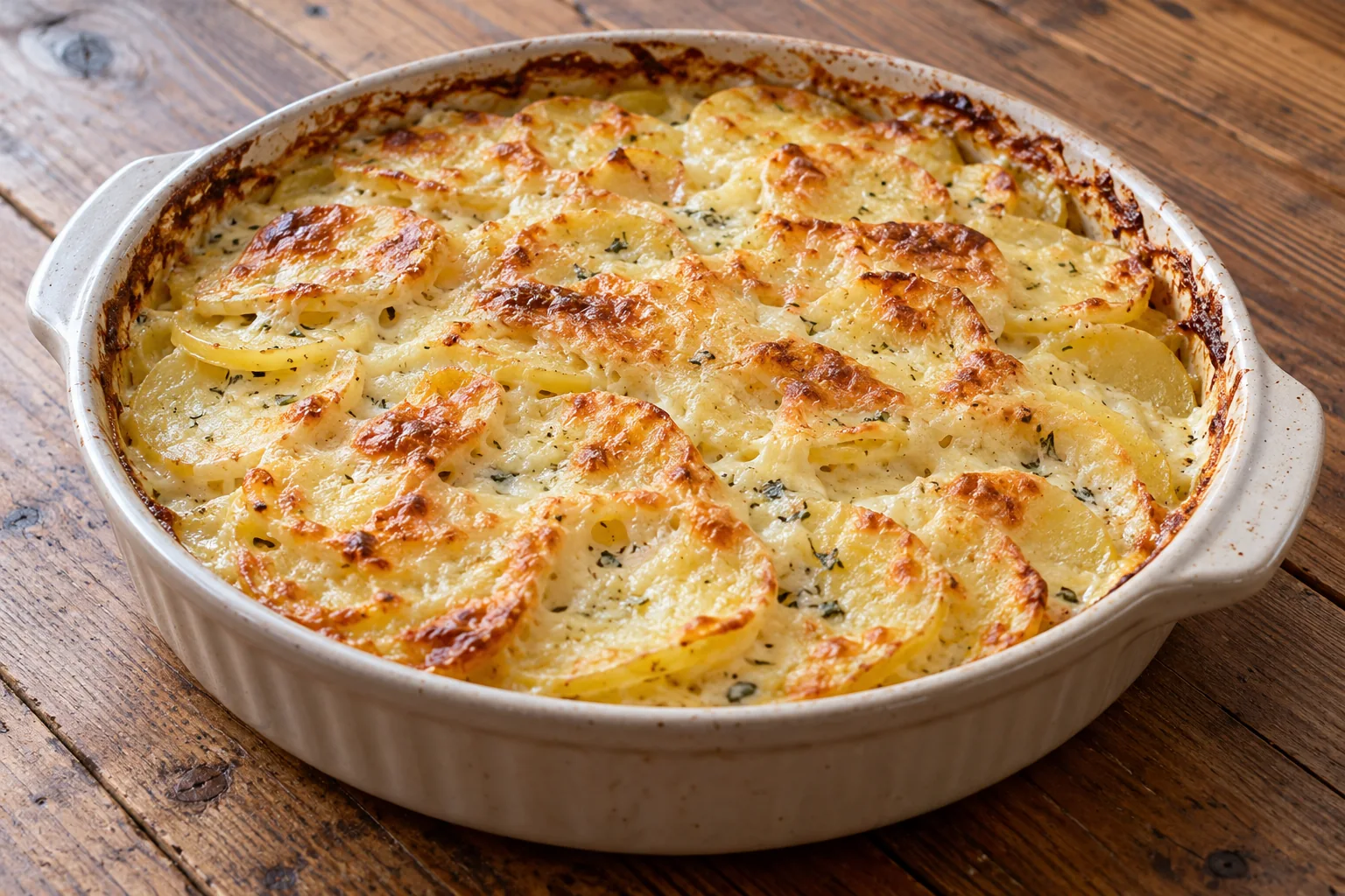 Goldbraunes Kartoffelgratin in einer Auflaufform