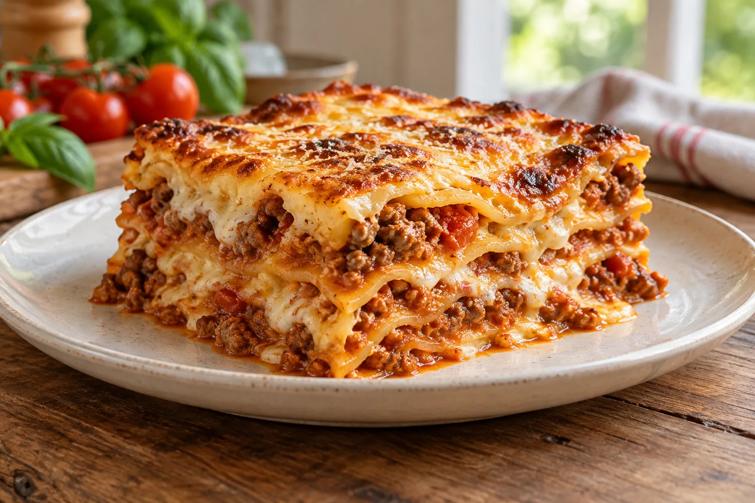 Goldbraune Lasagne Bolognese mit Béchamel und Parmesan