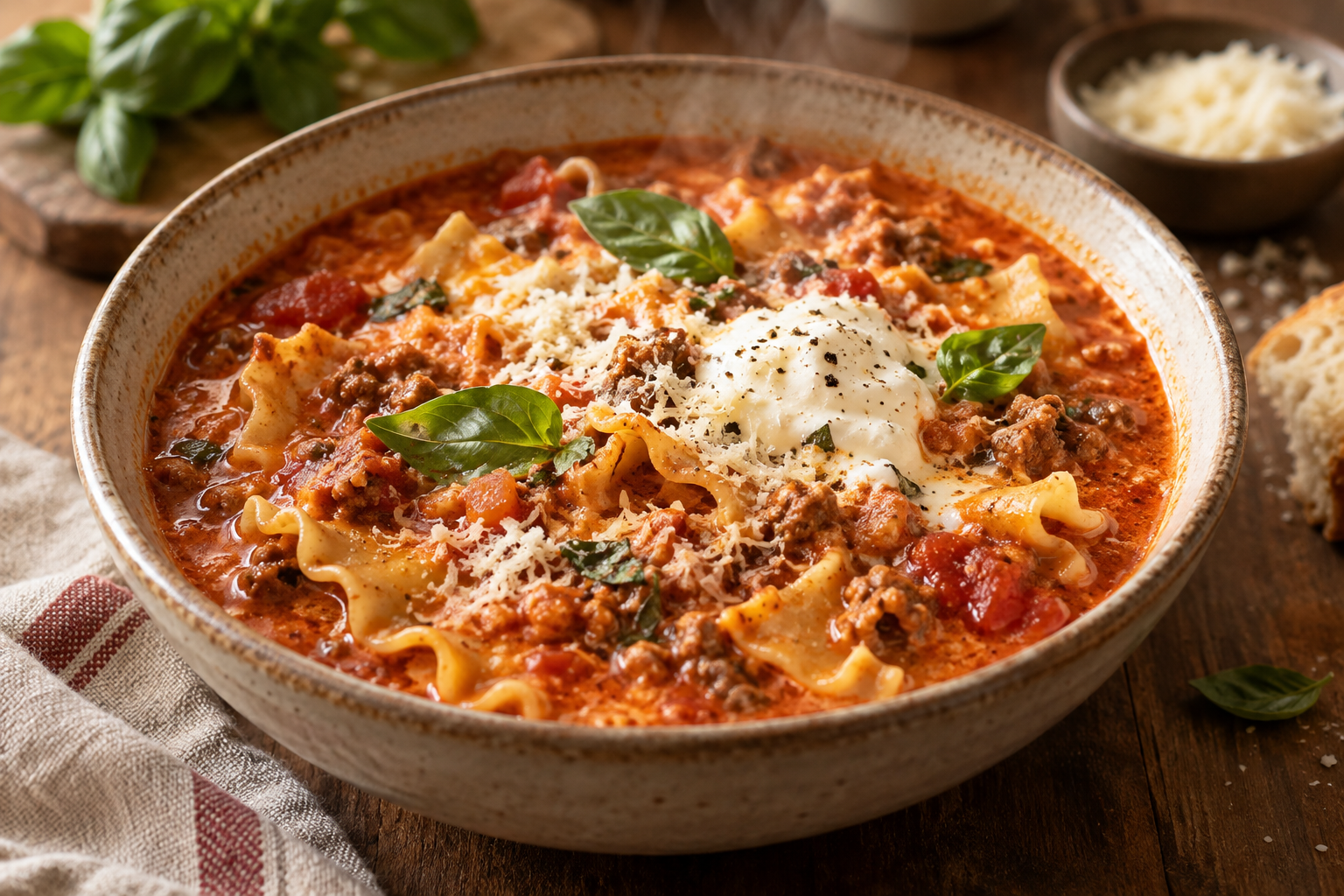 Tomatige Lasagne-Suppe mit Lasagneplatten, Hackfleisch, Crème fraîche, Parmesan und Basilikum in einer Schüssel