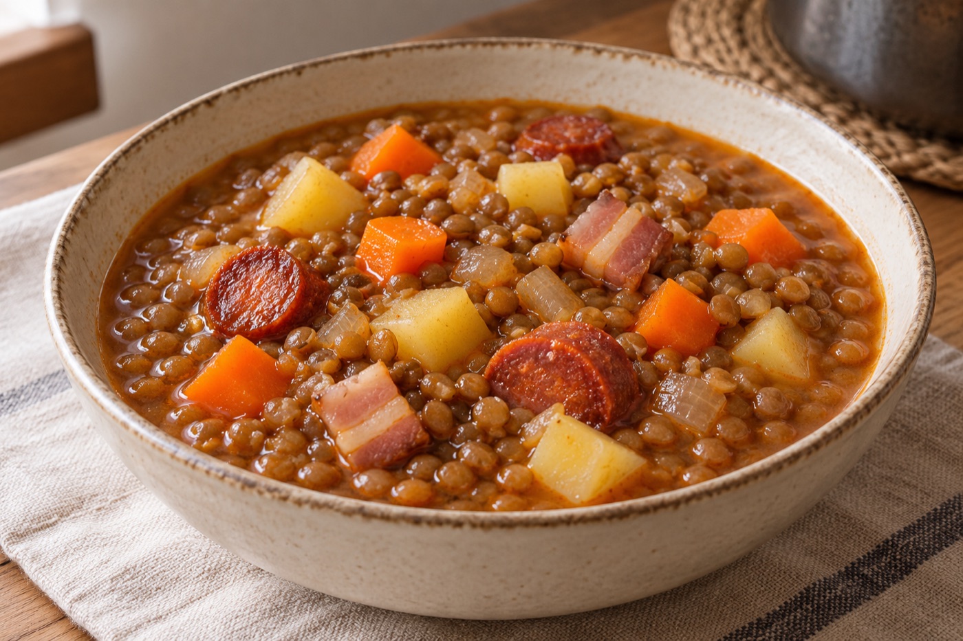 Cuenco de lentejas guisadas con zanahoria, patata, panceta y chorizo