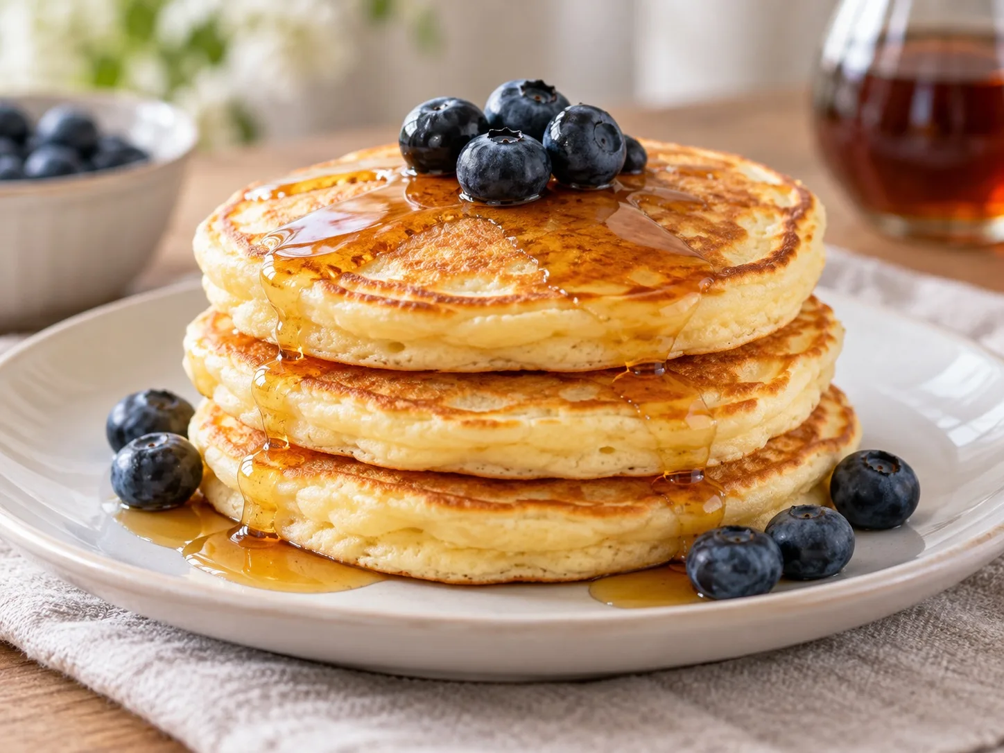 Stack of fluffy golden American pancakes topped with maple syrup and blueberries on a white plate