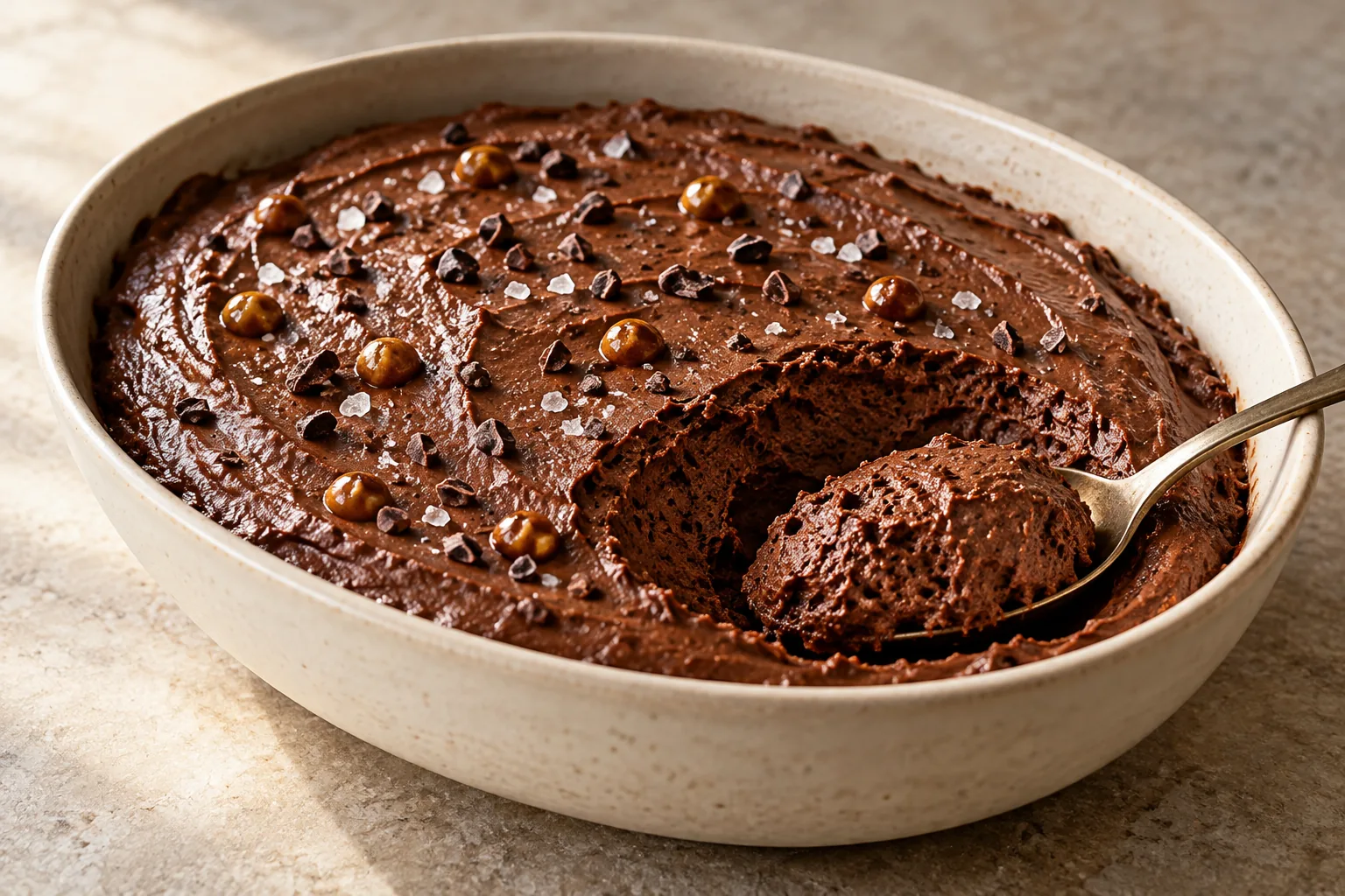 Mousse au chocolat noir dans un plat, avec grué de cacao, fleur de sel et touches de praliné de sarrasin