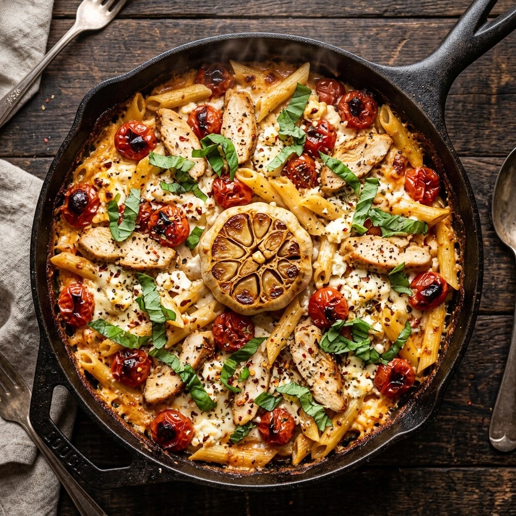 One-pan baked chicken feta pasta in a cast-iron skillet with penne, blistered cherry tomatoes, and a roasted garlic head