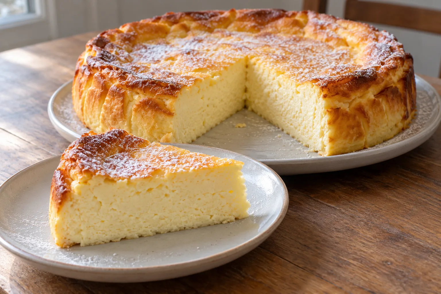 Orangen-Vanille-Quarkkuchen ohne Boden mit einem herausgeschnittenen Stück