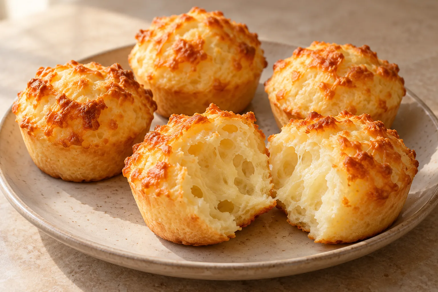 Pães de queijo dourados em formato de muffin com queijo gratinado por cima e um pão aberto