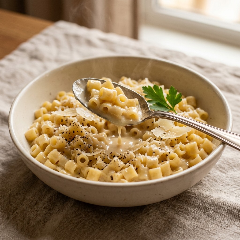 Bowl of creamy Parmesan ditalini with grated Parmesan, cracked black pepper, and a resting spoon