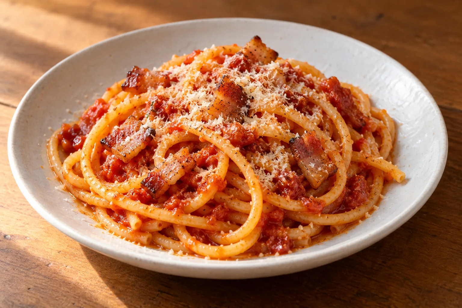 Bucatini con sugo di pomodoro, guanciale e pecorino