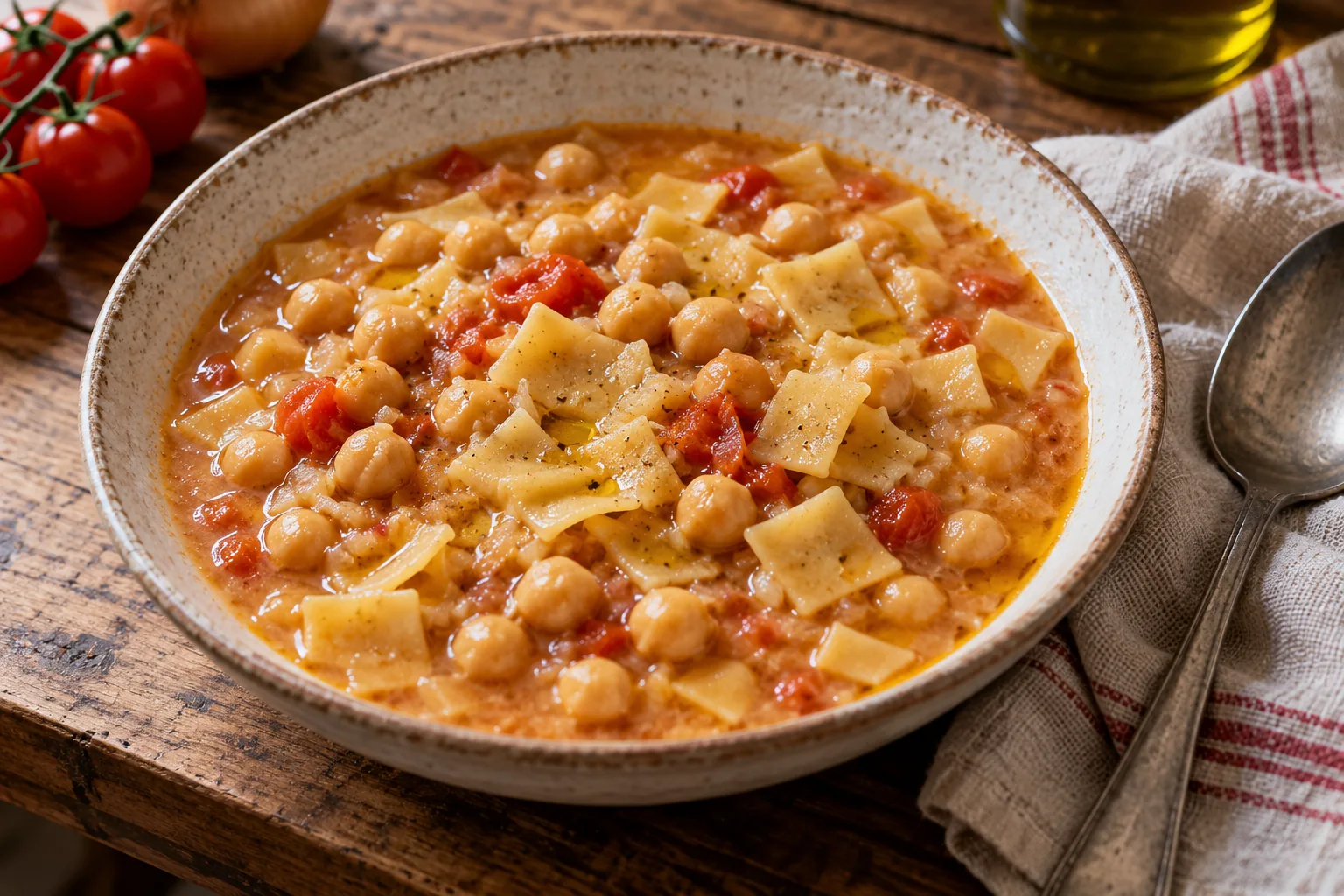 Pasta e ceci cremosa con piccoli quadrucci di pasta fresca, pomodorini e un filo di olio