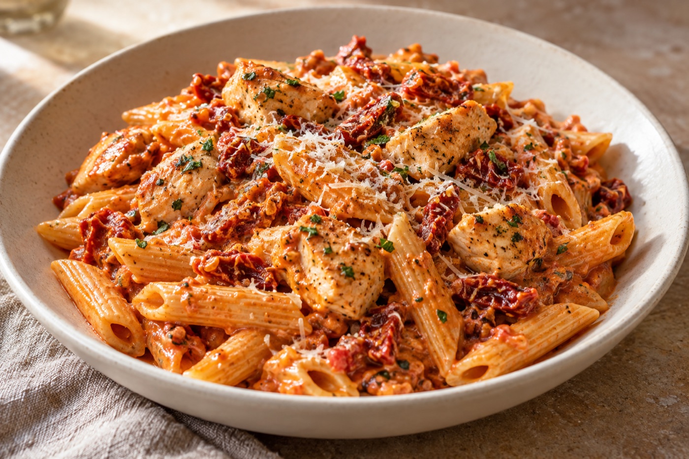 Pasta corta con salsa cremosa de tomate, pollo dorado, tomates secos y queso rallado en un plato de cerámica