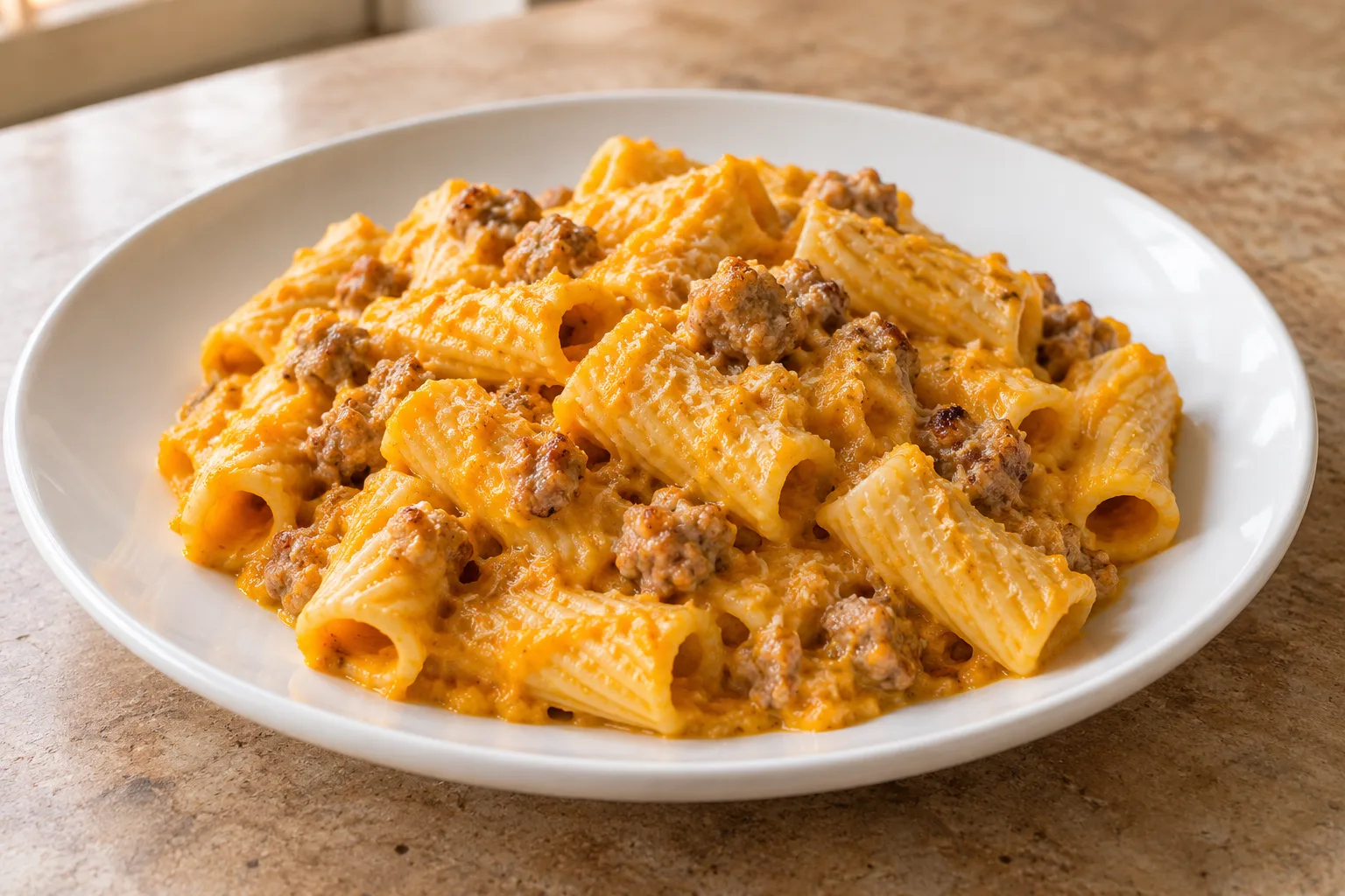 Tortiglioni con crema di zucca arancione, salsiccia e parmigiano