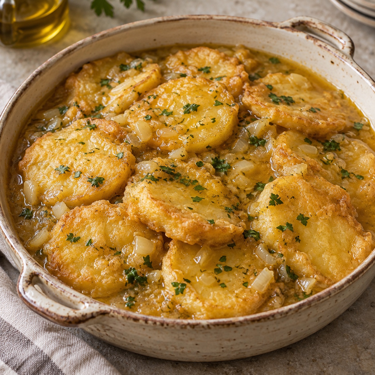 Patatas a la importancia rebozadas en una cazuela con salsa dorada de cebolla, ajo y perejil