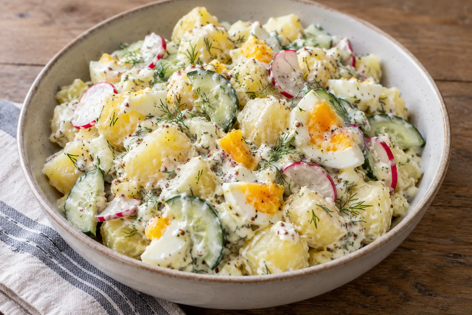 Cremiger Pellkartoffelsalat mit Ei, Gurke, Radieschen und Dill