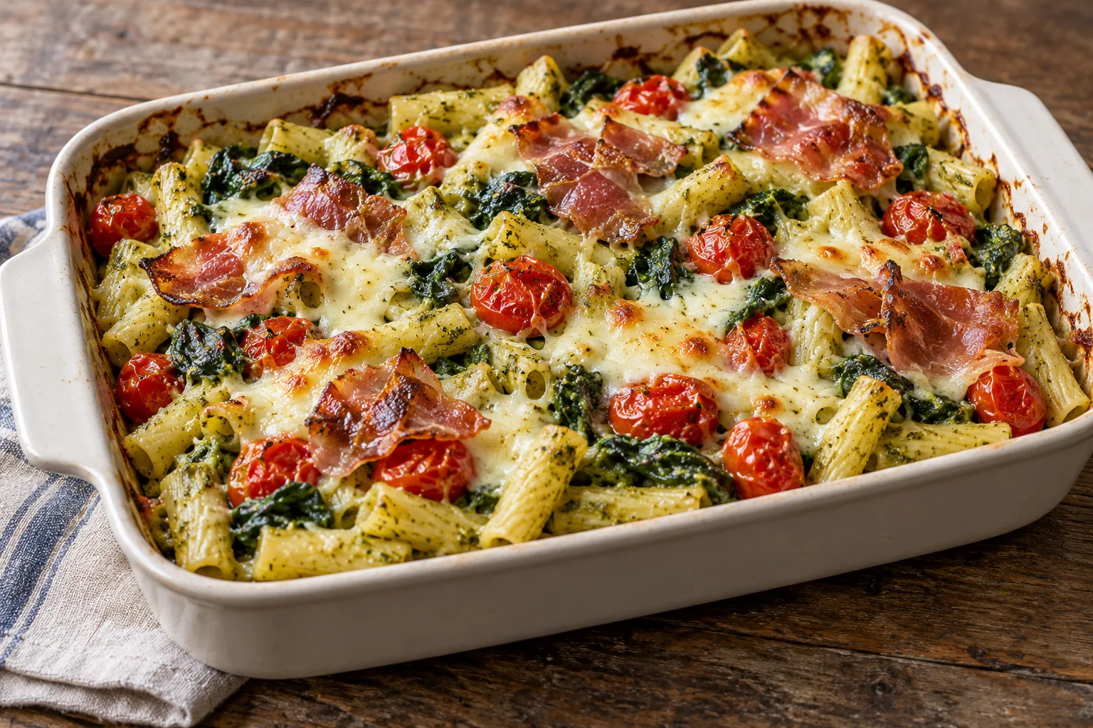 Nudelauflauf mit Pesto, Tomaten und Mozzarella in einer Backform