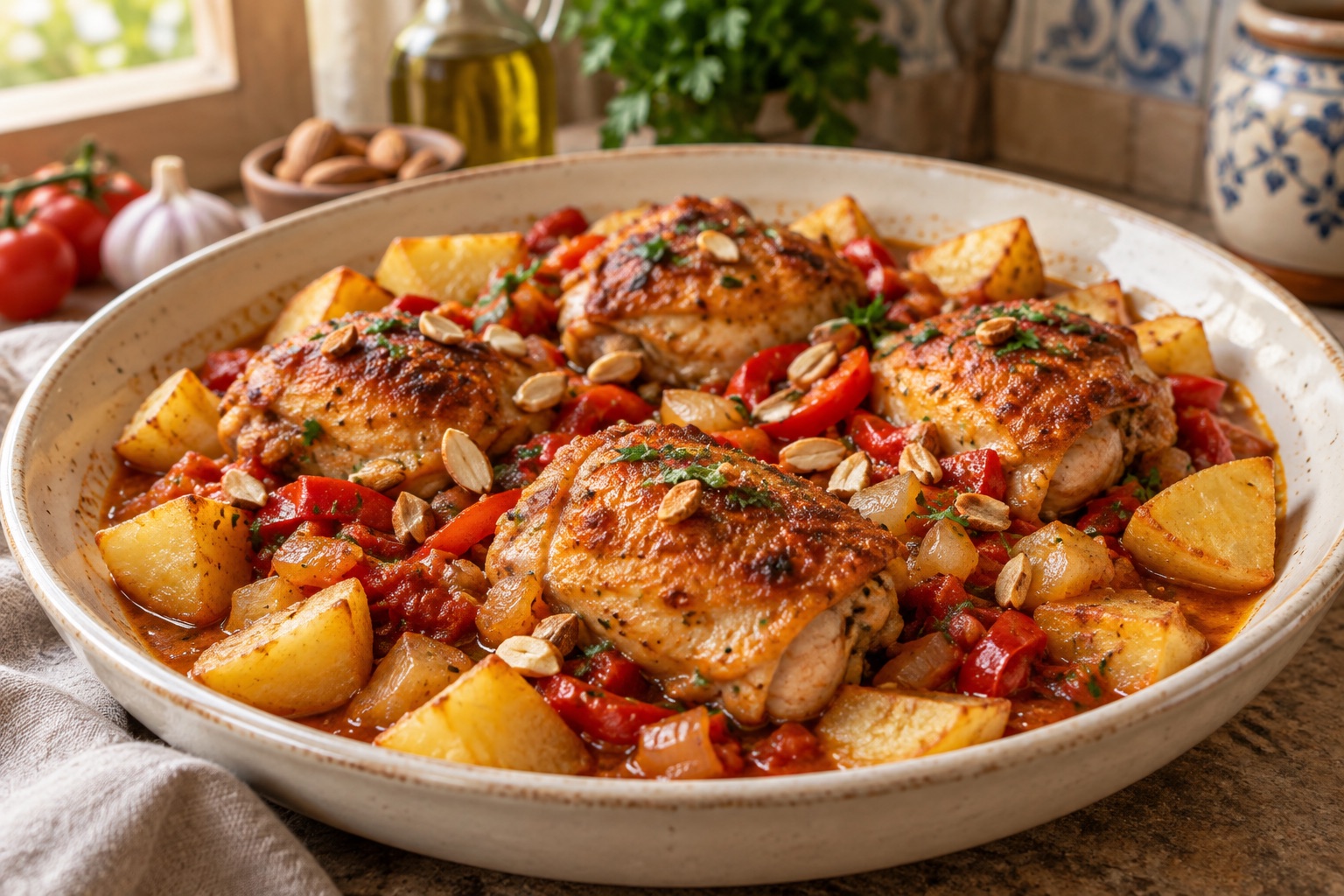 Pollo rustido con salsa de tomate, pimiento rojo, almendras y patatas en una fuente de cerámica